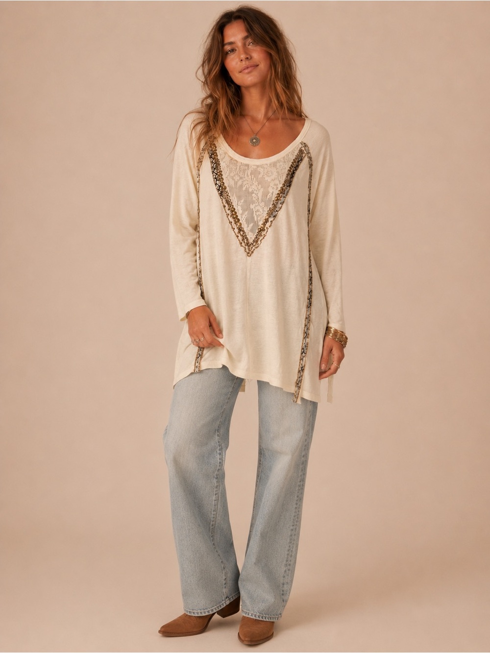 Free People Cream Embellished Oversized Boho Tunic Top